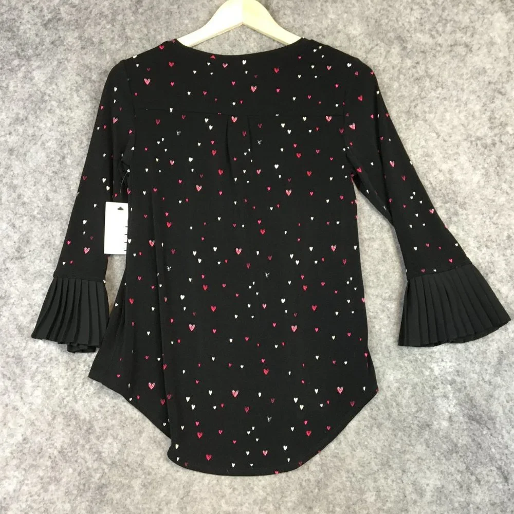 Elle Top XS Blouse Career Heart Print Crepe Black Accordion Pleat Sleeves Pink - Picture 12 of 13